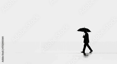 Silhouette of a solitary figure with an umbrella walking through a light rain minimalist composition