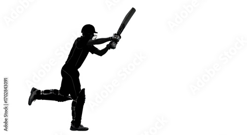Silhouette of determined cricket player in batting stance against a stark white backdrop