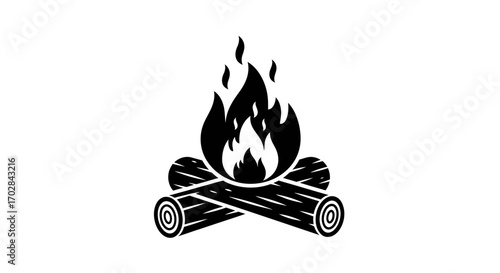 Stylized bonfire silhouette burning bright on wooden logs, perfect for outdoor themed designs