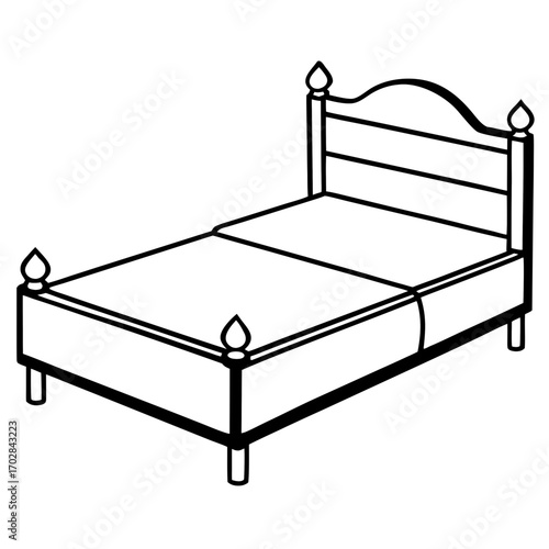Simple line art silhouette of a bed with four posts isolated on white background