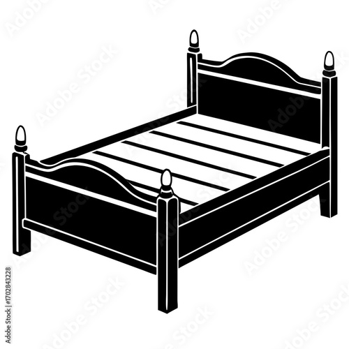 Classic wooden bed frame with carved posts and slatted base silhouette isolated on white background