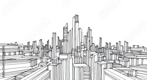 Stylized cityscape rendition with bold line art evoking modern architecture and urban planning