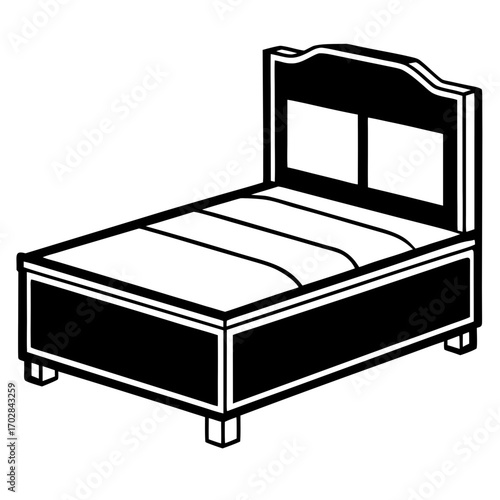 A black silhouette of a double bed with a headboard and footboard isolated on white background