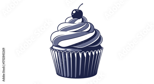 Stylized cupcake illustration featuring swirling frosting and a single cherry accent