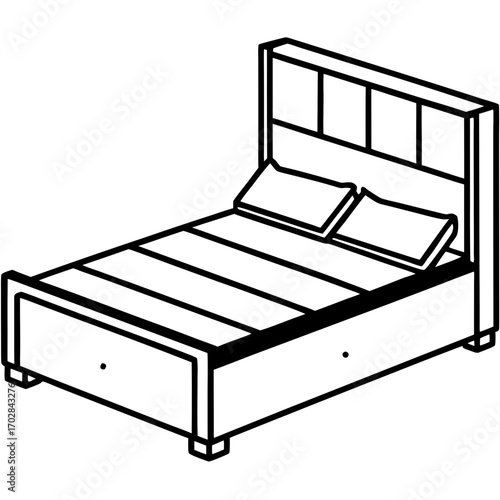 A simple line art silhouette of a double bed with two pillows isolated on white background