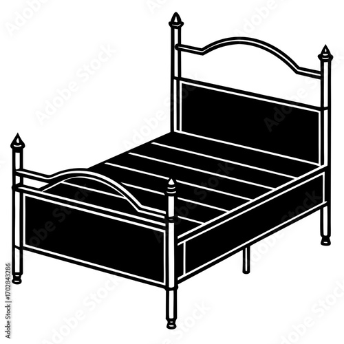Classic metal bed frame with ornate headboard and footboard silhouette isolated on white background