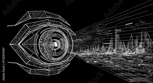 Technological Gaze: Cybernetic Eye Overlooking Digital Cityscape in Monochrome Scheme