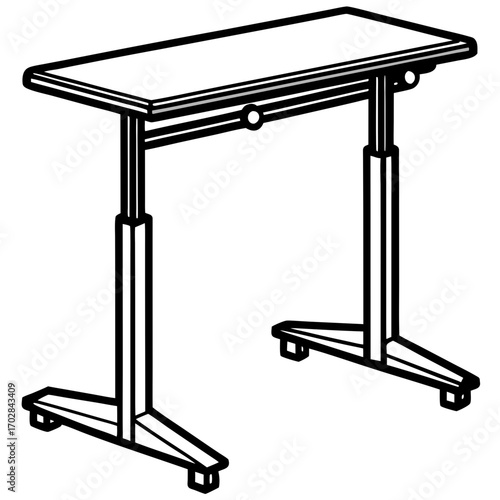 Adjustable height standing desk with metal legs and feet silhouette isolated on white background