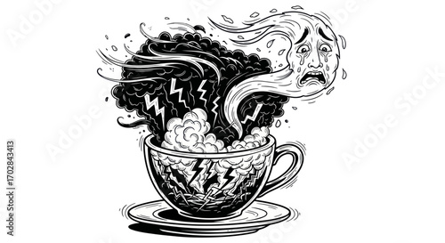 Tempest in a Teacup: A Surreal Depiction of Overwhelming Emotions and Mental Turmoil