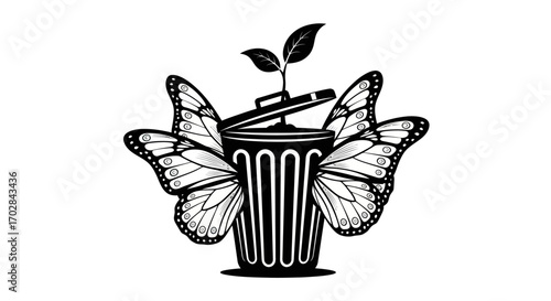 Transformation concept: A bin blossoming with life, butterflies symbolizing ecological revival and