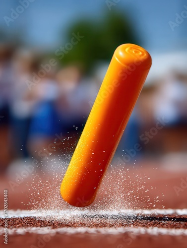 A close-up of an orange baton being dropped onto a track, with dust and particles flying around it, This image can be used for sports, relay races, or teamwork concepts,