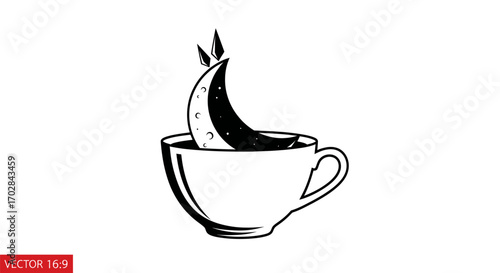 Whimsical coffee break crescent moon with gemstone crown graphic illustration design