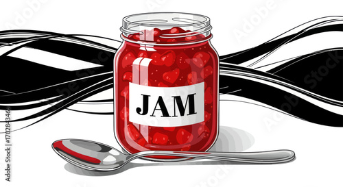 Whimsical jam jar illustration with flowing monochromatic backdrop and a spoon element
