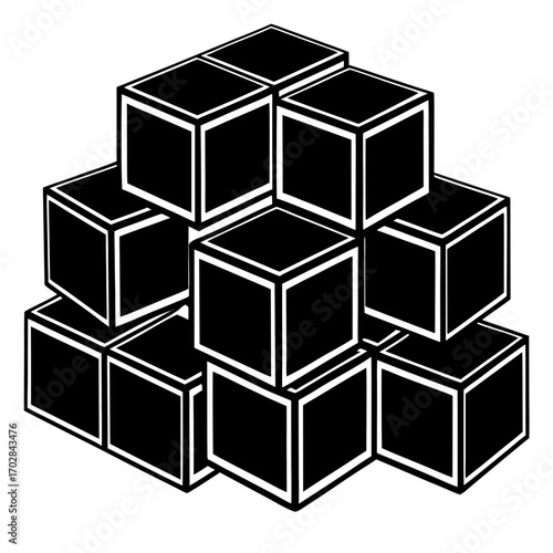 Geometric arrangement of stacked black cubes with white outlines silhouette isolated on white background