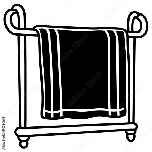 Black silhouette of a towel on a freestanding towel rack isolated on white background