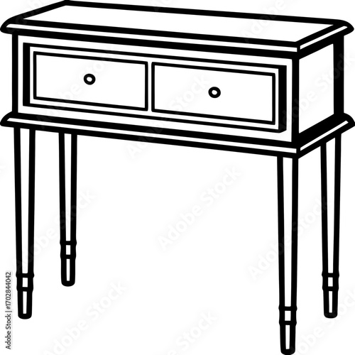 Elegant console table with two drawers and slender legs silhouette isolated on white background