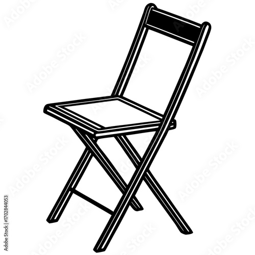 Simple black and white line art illustration of a folding chair silhouette isolated on white background