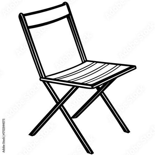 A simple black and white line art illustration of a folding chair silhouette isolated on white background