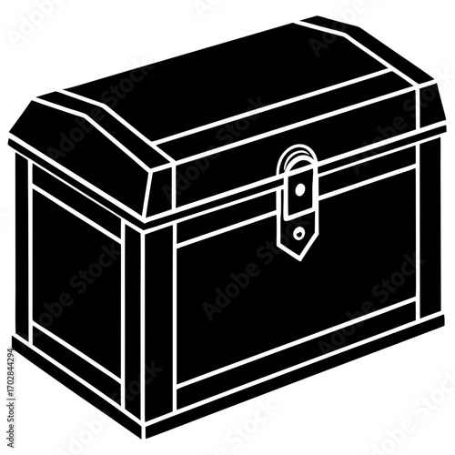 Classic wooden treasure chest with a metal latch presented as a bold silhouette isolated on white background