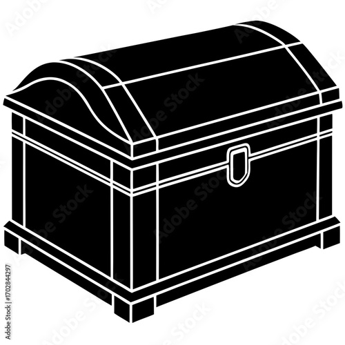 A classic wooden treasure chest with a curved lid and metal latch in a bold silhouette isolated on white background