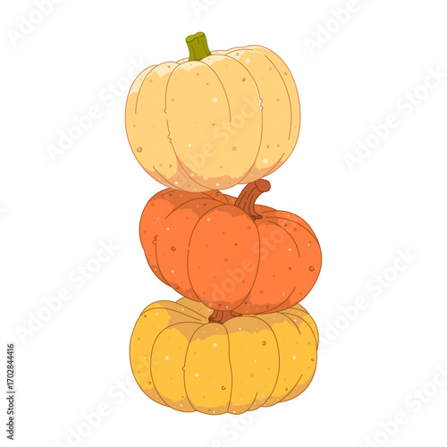 Stack of three pumpkins in different colors. Autumn harvest illustration, perfect for fall, Thanksgiving, or seasonal decorations.