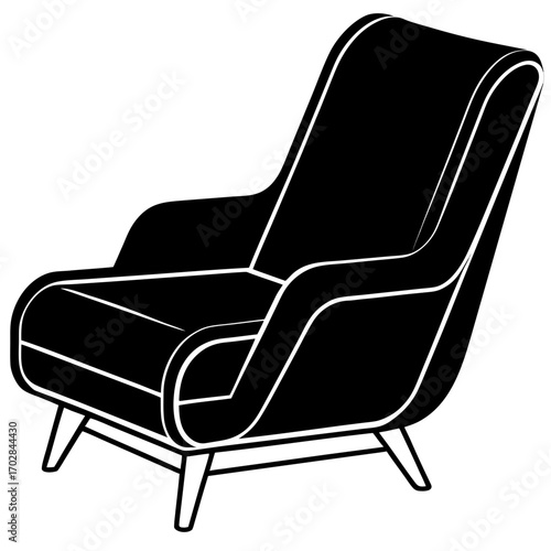 Modern black armchair silhouette with white outline isolated on white background