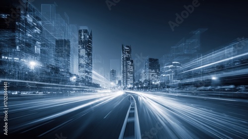 Futuristic Urban Landscape with Light Trails and Modern Architecture at Night, Conveying Speed and Innovation