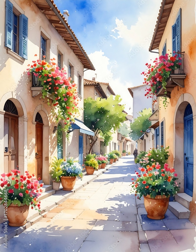 Naklejka premium Watercolor painting of a sunlit European alley
