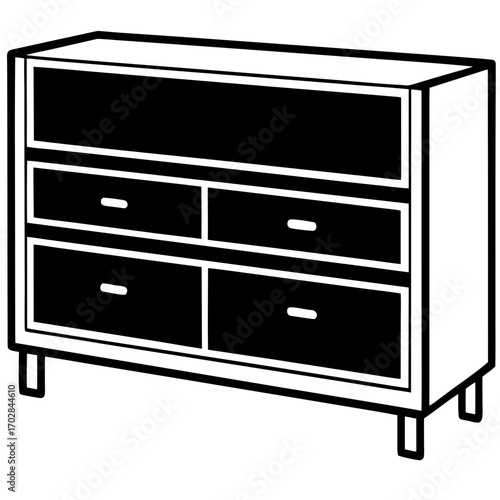 Simple black and white silhouette of a modern dresser with drawers isolated on white background
