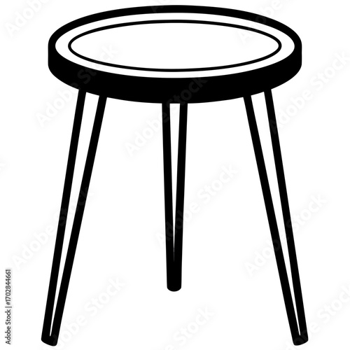 Simple black silhouette of a round three legged stool or small table isolated on white background