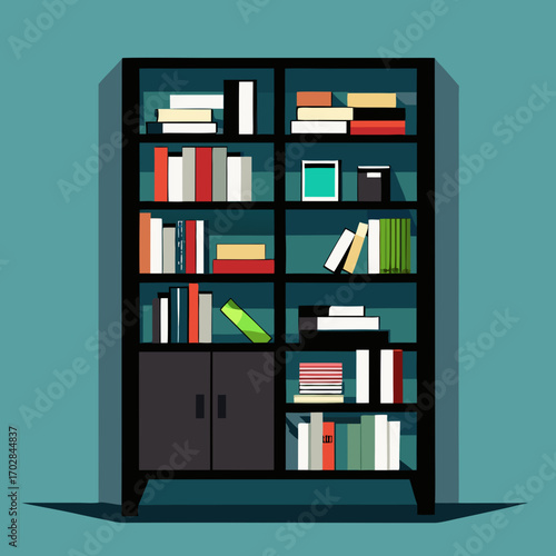 A detailed illustration of a black bookshelf filled with various colorful books and a cabinet at the bottom isolated on white background silhouette