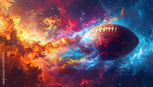 Cosmic touchdown: a football soaring through a nebula of energy fields