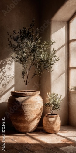 Sunlit corner with two potted plants, one large and one small, in terracotta pots, casting shadows on a wooden floor against a neutral wall