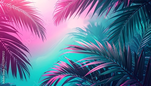 Vibrant palm leaves in a pastel sunset