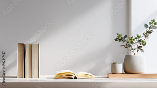 Wallpaper Mural Minimalist Workspace Featuring Open Book, Books, Plant, and Decorative Objects with Natural Light Torontodigital.ca