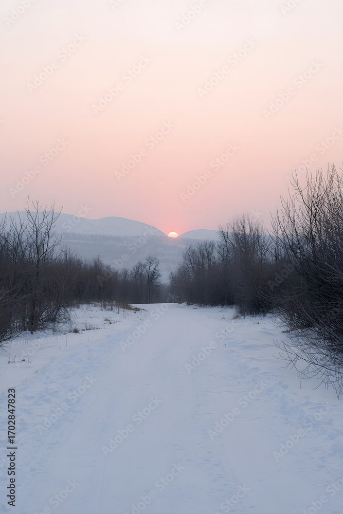 Fototapeta premium Beautiful winter landscape with snowy road, bare trees, and pastel sunrise over distant mountains, serene frosty scene perfect for seasonal background and peaceful wallpaper