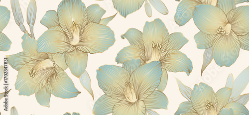 Luxury background with vintage lily flowers, buds and leaves seamless pattern. Hand drawn botanical elegant golden lily flower in line art style. Vector card, wedding invitation, wallpaper, cover