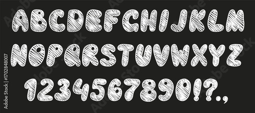 Crayon kids font, doodle funny playful alphabet. Hand drawn scribble kid typescript numbers. School wax crayon abc cute kindergarten handwriting playful letters. Colorful English alphabet and numbers.