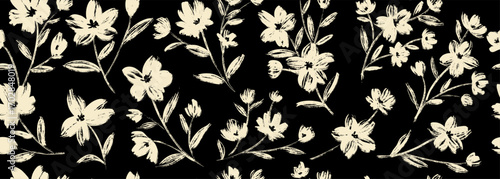 Leaves branch and Hand Drawn doodle Scribble floral plants banner, seamless pattern. Creative minimalist Abstract art background. Design wall decoration, postcard, poster or brochure
