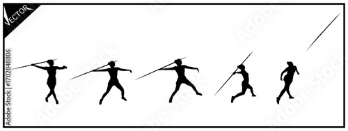 Collection of javelin throw silhouettes, different poses, athletic sports. Isolated on a white background.