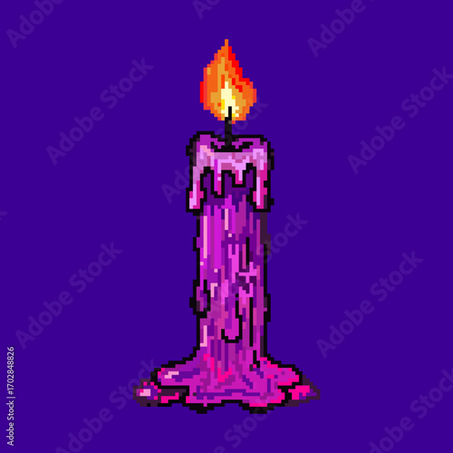 Pixel art illustration of a burning candle with dripping wax. Retro 8bit style candle in purple color with red yellow flame on dark purple background.