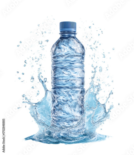 A plastic water bottle surrounded by a splash of water