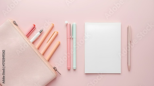 Minimal flat lay of pastel stationery set with pencil case, colorful pens, and blank notebook on soft pink background, creative workspace and school supply concept