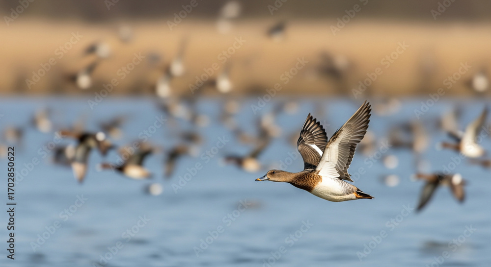 Fototapeta premium A flock of ducks in flight over a lake nature wildlife photography