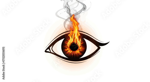 Fiery gaze with abstract eye design and rising smoke illustration on white backdrop