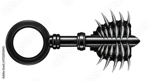 Intricate black metal key adorned with menacing silver spikes, representing a gatekeeper's access