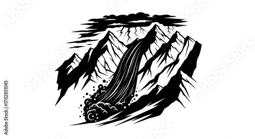 Monochromatic mountain range illustration, featuring cascading water and stormy skies, a