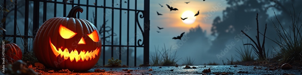 Obraz premium Spooky halloween night: glowing jack-o'-lantern, bats, full moon, gloomy atmosphere