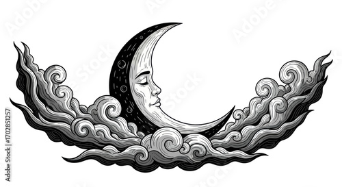 Serene celestial crescent moon face nestled among swirling clouds in dreamy illustration