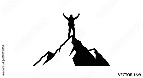 Silhouette of a triumphant climber atop a rugged mountain peak embodying success and achievement